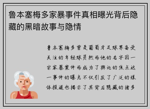 鲁本塞梅多家暴事件真相曝光背后隐藏的黑暗故事与隐情