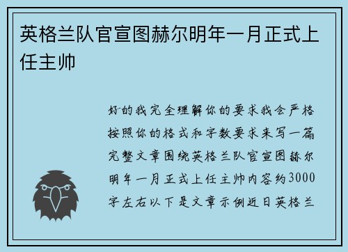 英格兰队官宣图赫尔明年一月正式上任主帅