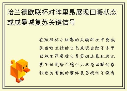哈兰德欧联杯对阵里昂展现回暖状态或成曼城复苏关键信号 哈兰德欧联杯对阵里昂展现回暖状态或成曼城复苏关键信号